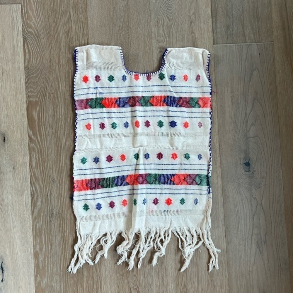 Girls Colorful Mexican Style Woven Poncho with Fringe Cream with Embroidery